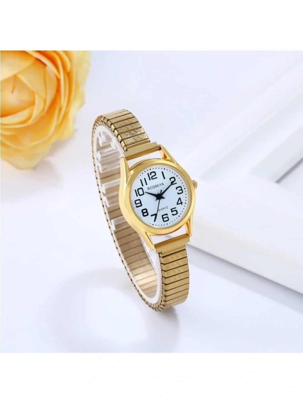 Women's Gold White Analog Quartz Small Dial Easy Reader Stretch Band Wrist Watch